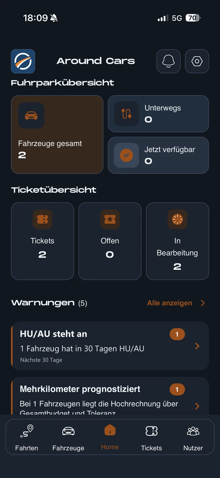 Around Cars App: Startseite mit Fuhrparkübersicht, offenen Tickets und Warnungen