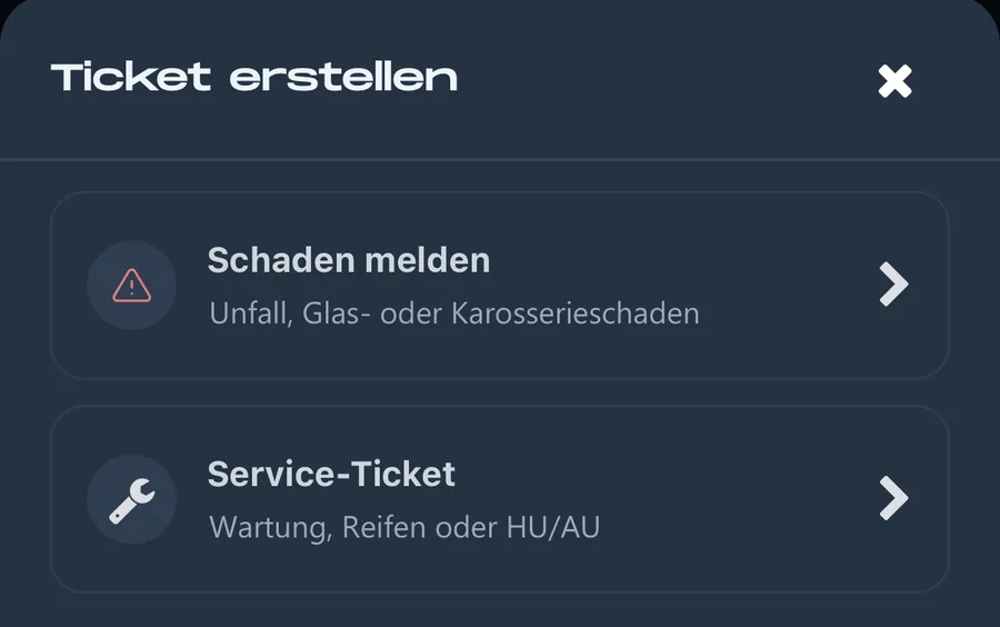 Ausschnitt der Around Cars App: Ticket erstellen mit „Schaden melden“ und „Service-Ticket“